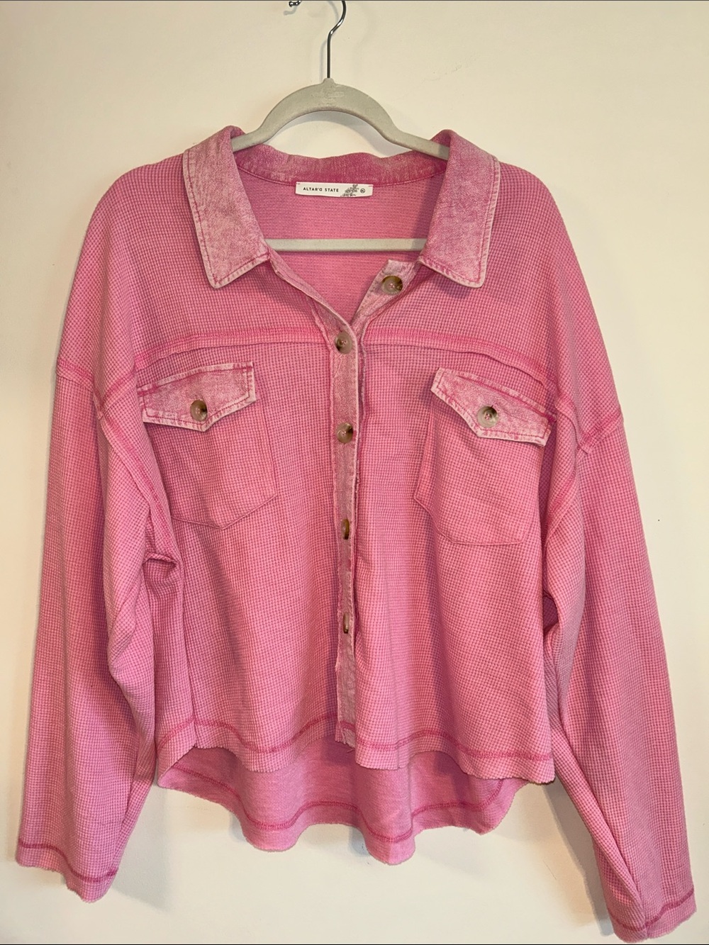 Altar’d State Pink Waffle Knit Button-Up Cropped Shacket